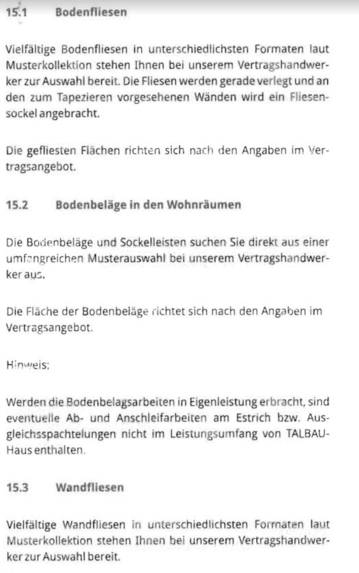 Dokumentenseite mit Text zu Bodenbelägen, Fliesen und Wandfliesen im Wohnbereich.