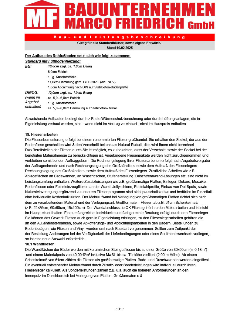 Dokument zum Rohbodensaufbau mit Fliesenarbeiten von Bauunternehmer Marco Friedrich GmbH