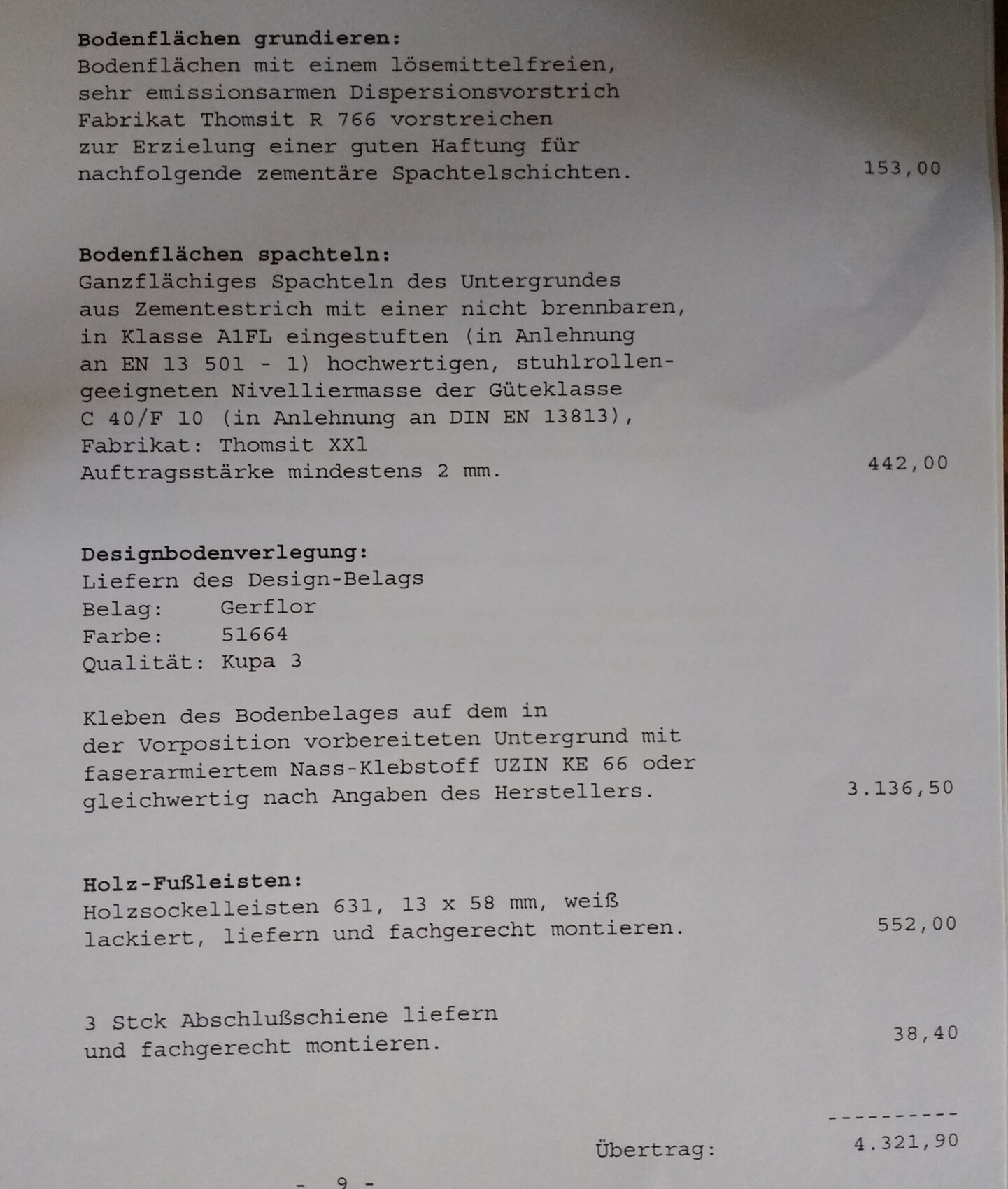 Preisblatt für Bodenarbeiten: Grundieren, Spachteln, Verlegen, Fußleisten.