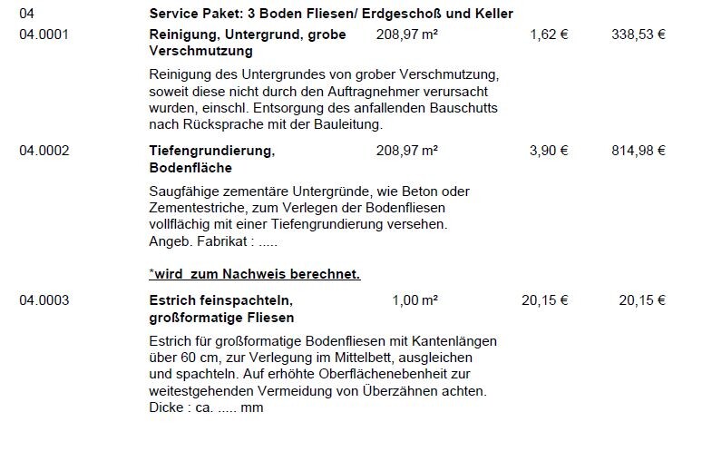 Dokument mit Preisen zu Untergrund, Tiefengrundierung und Fliesenverlegung