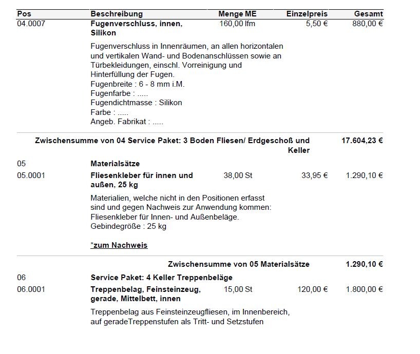 Auflistung von Fliesenarbeiten, Bodenbelag und Treppenbelag im Keller inklusive Fugenverbindungen