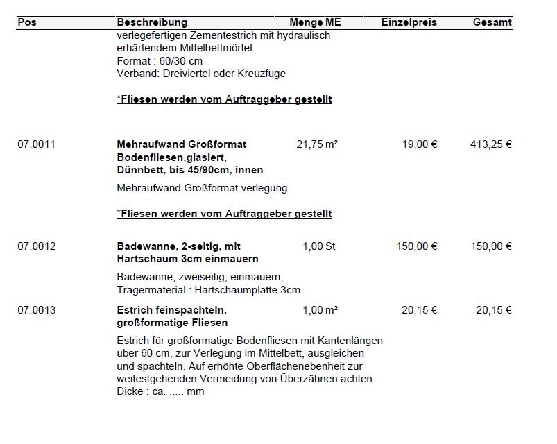 Kostenvoranschlag für Bodenfliesen und Badfliesen mit Preisen