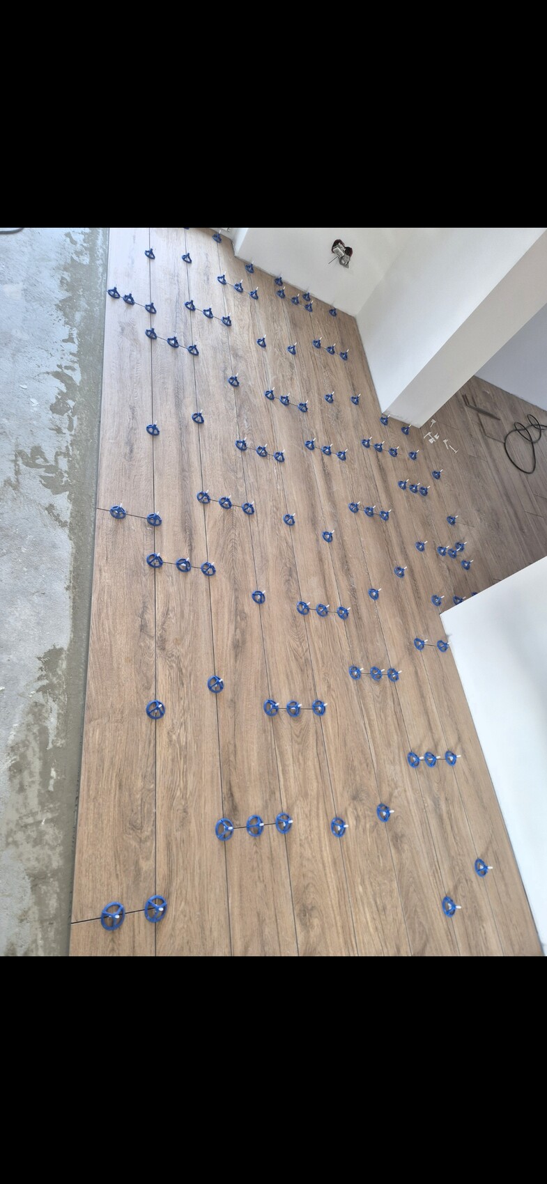 Blaue Bau-Spacer auf Holzoptik-Bodenbelag während der Renovierung