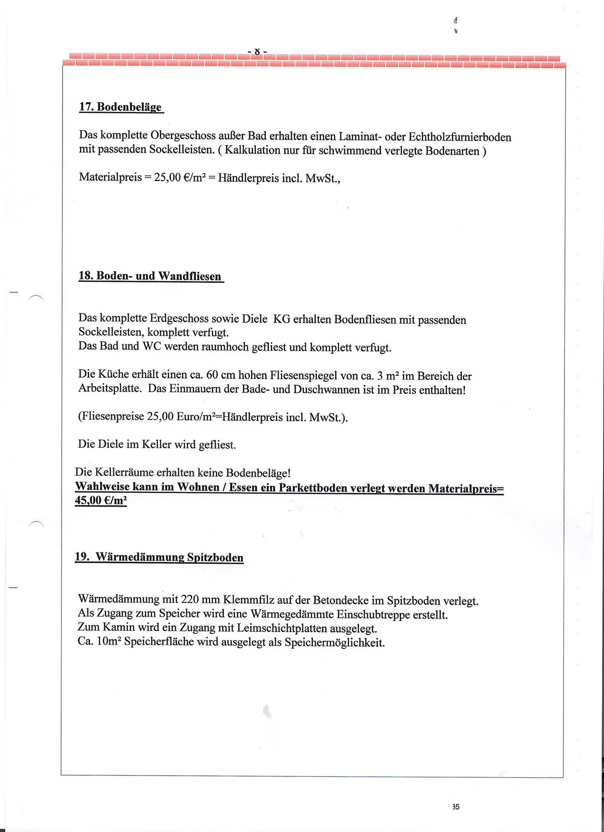 Baudokumentenseite mit Abschnitten zu Bodenbeläge, Bodenfliesen und Spitzboden-Wärmedämmung