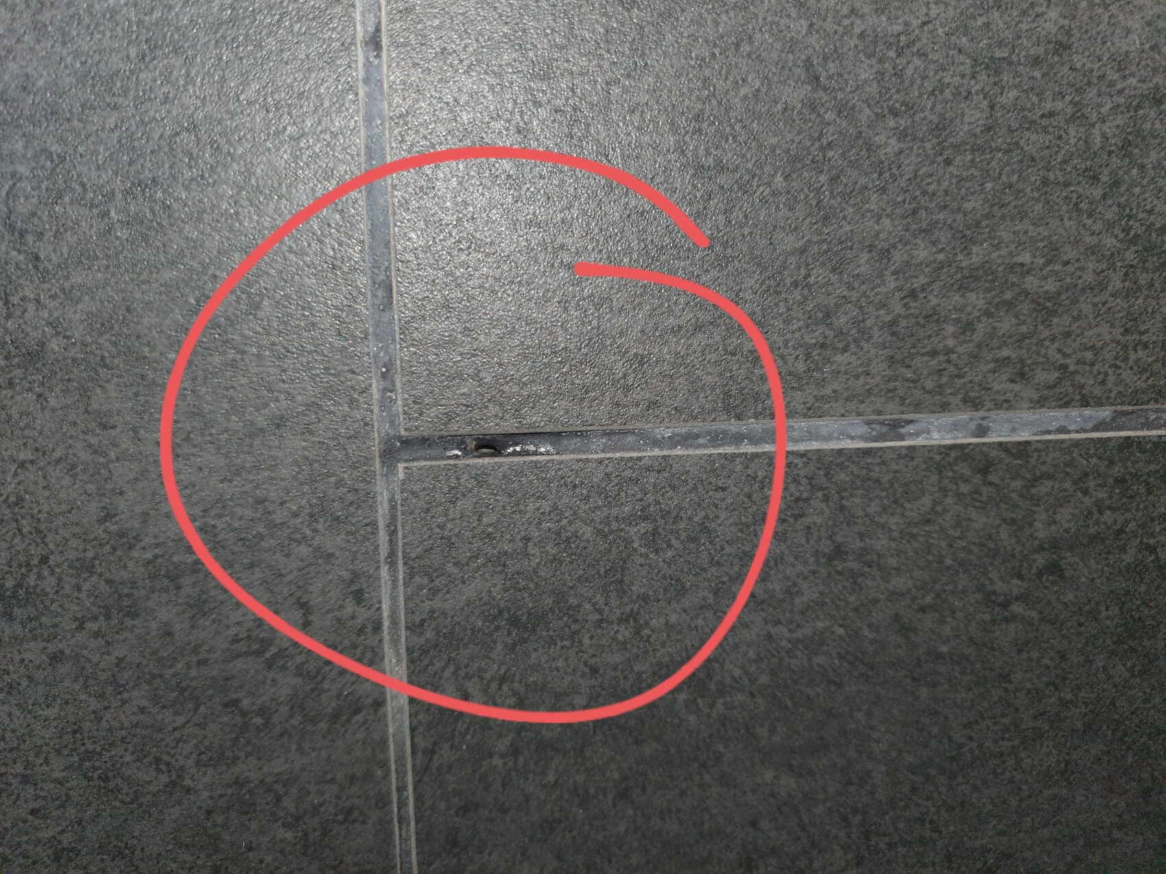 Anthrazitfarbige Bodenfliesen mit grauen Fugen; roter Kreis markiert eine kleine Öffnung in der Fuge.