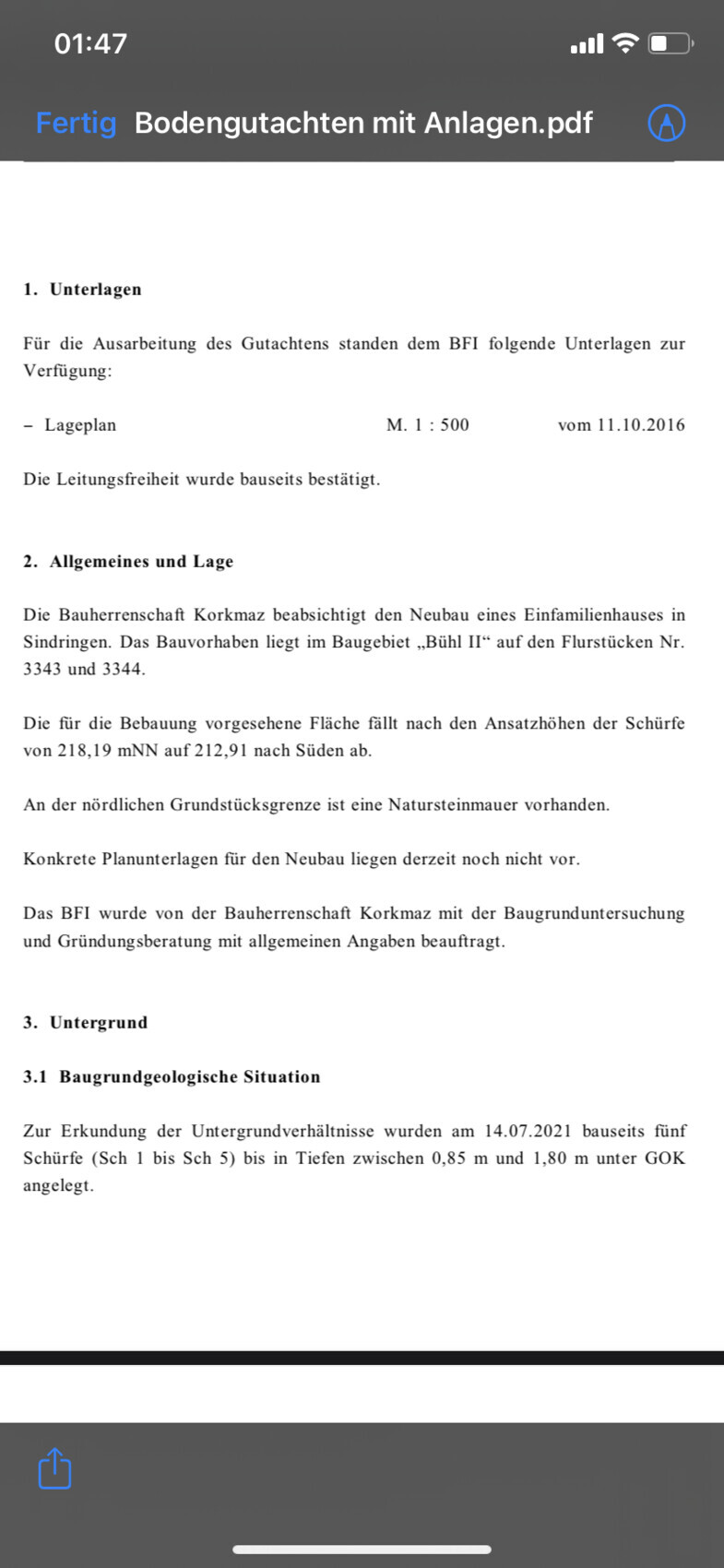 Screenshot eines PDFs: Bodengutachten mit Anlagen; Abschnitt Unterlagen inkl. Lageplan.