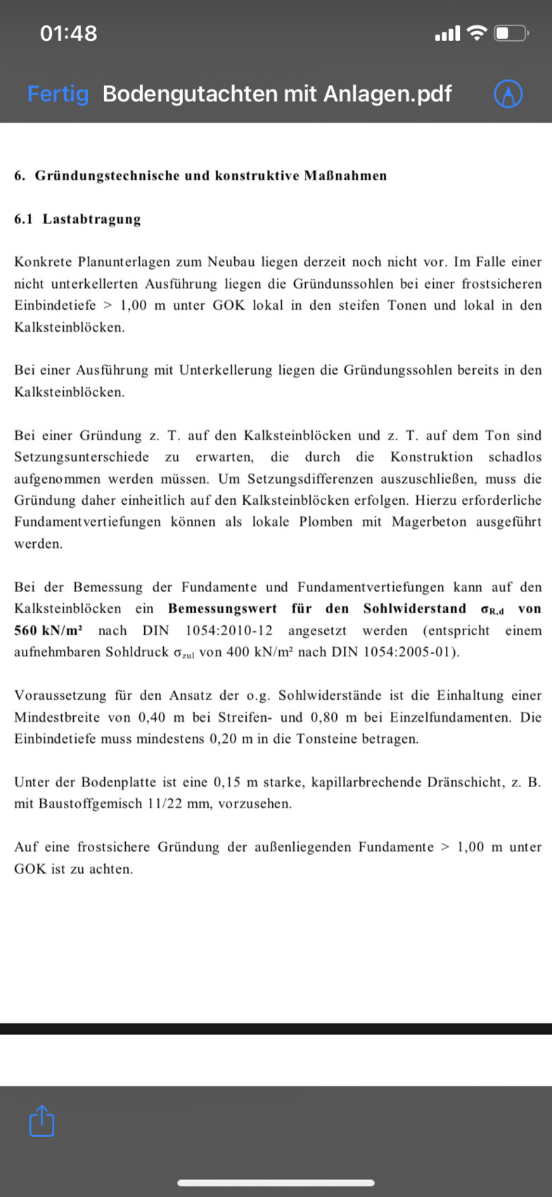 Dokumentseite zu Gründungstechnik: Lastabtragung, Fundamente und Kalksteinblöcke.