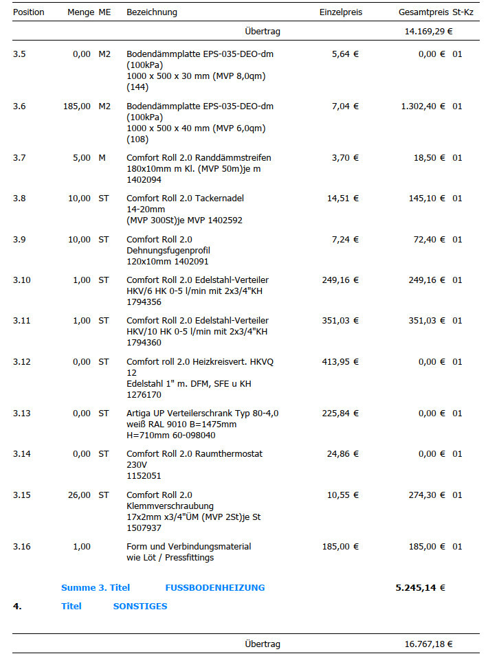 Preisübersicht einer Bauofferte: Tabelle mit Positionen, Mengen, Bezeichnungen und Preisen.