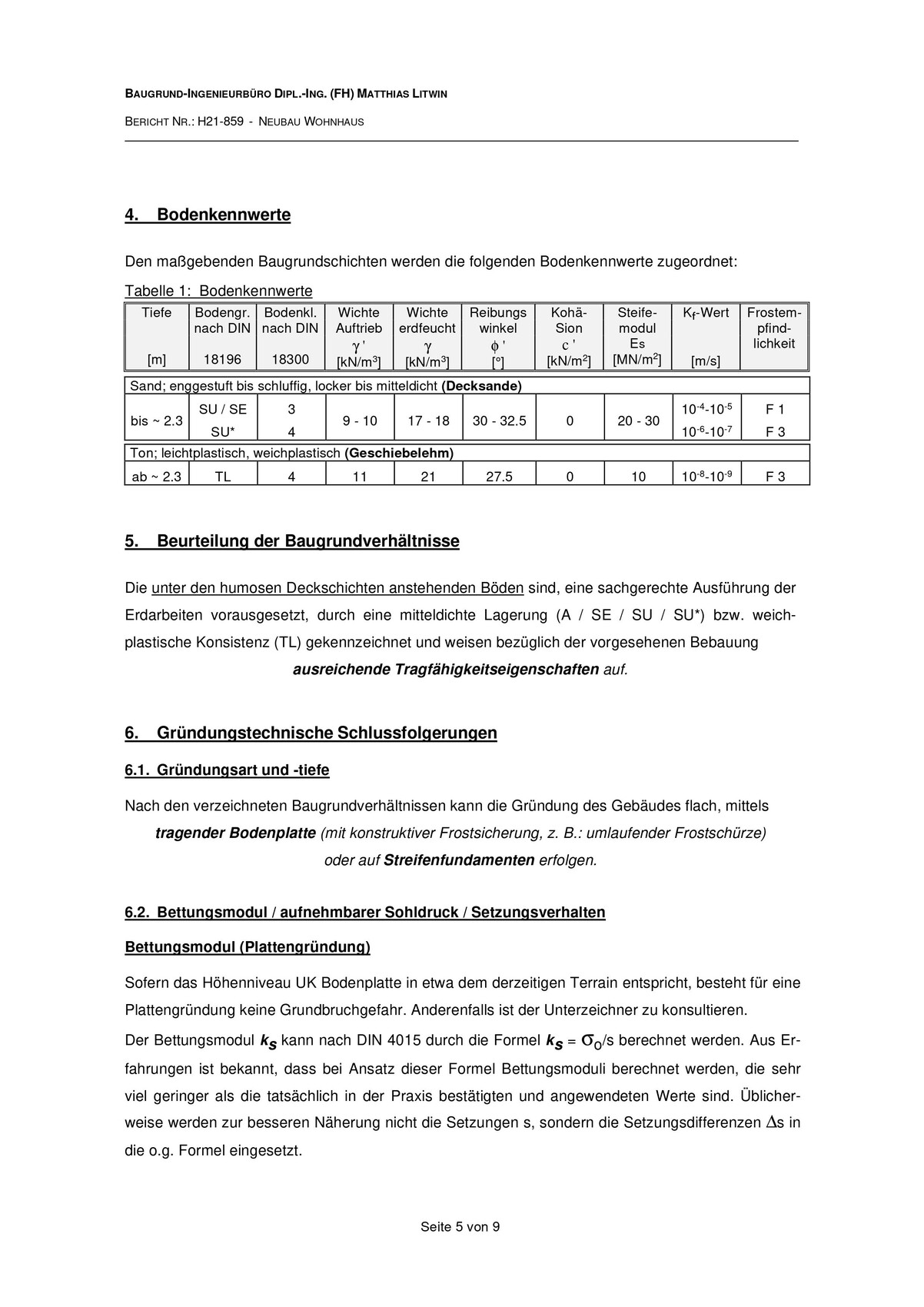 Seite aus Baugrundbericht mit Tabellen zu Bodenkennwerten und Baugrundbeurteilung.