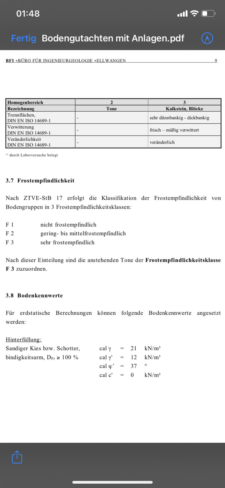 Geotechnisches Gutachten: Seite mit Tabelle Homogenbereich, Kalkstein; Frostempfindlichkeit 3.7, 3.8