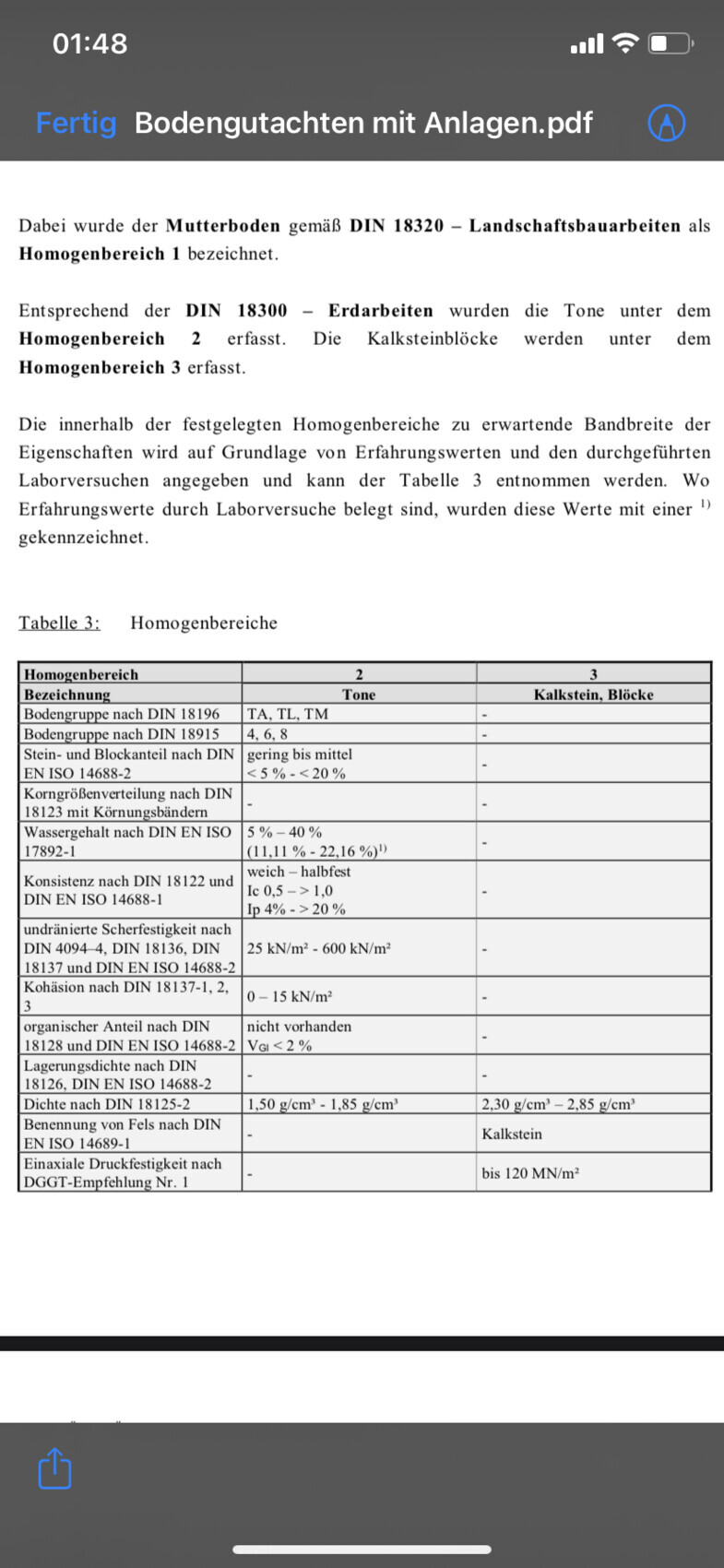 Seitenansicht eines DIN-Dokuments mit Text über Homogenbereiche und Tabelle 3.
