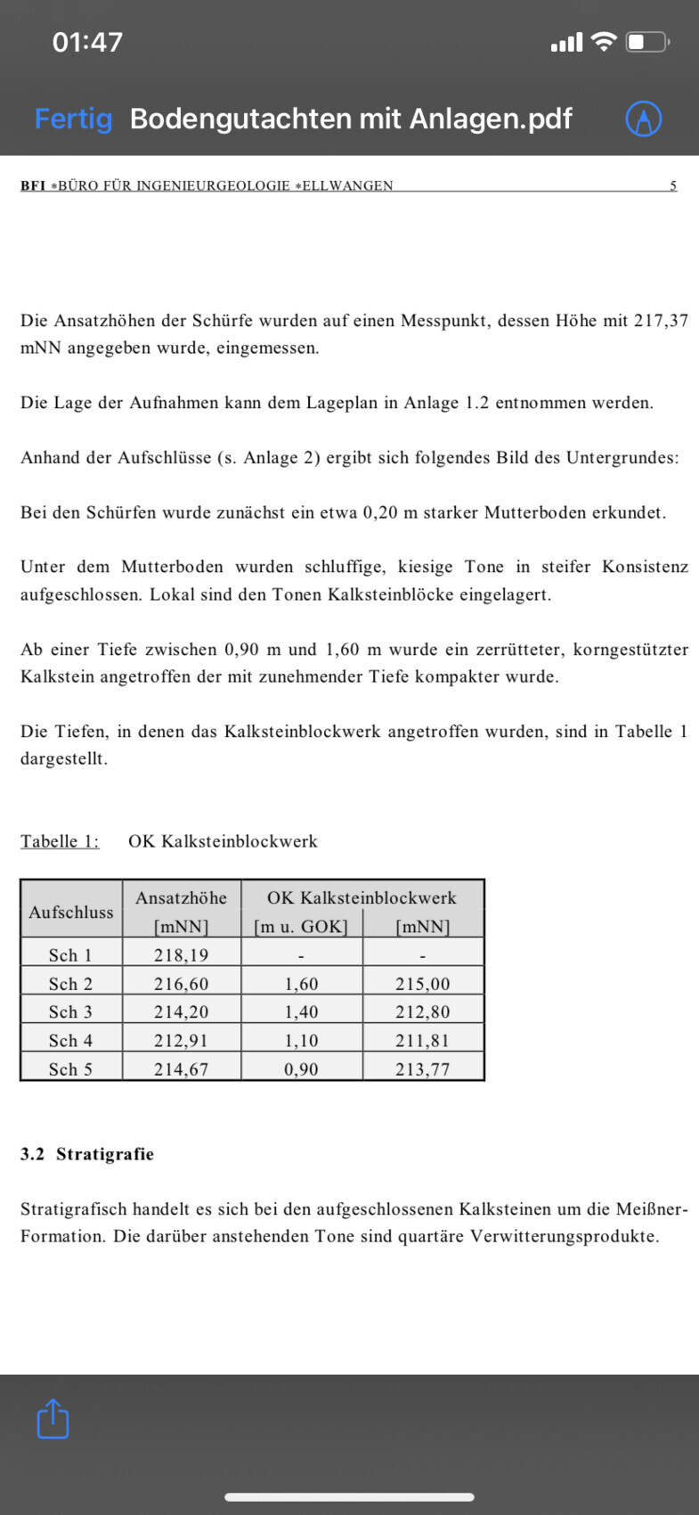 Seitenabschnitt eines Berichts über Kalksteinblockwerk mit Messdaten und Tabelle.