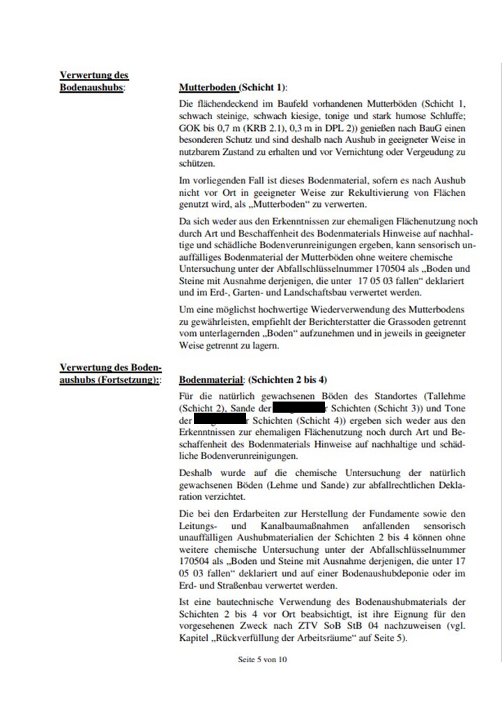 Dokumentenseite mit Überschriften zu Verwertung des Bodenaushubs und Mutterboden (Schicht 1).