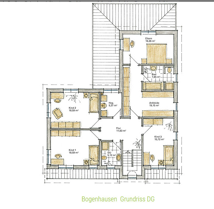 DG-Grundriss Bogenhausen: Elternschlafzimmer, Ankleide, Bad, 3 Kinderzimmer, Flur, Heizraum.