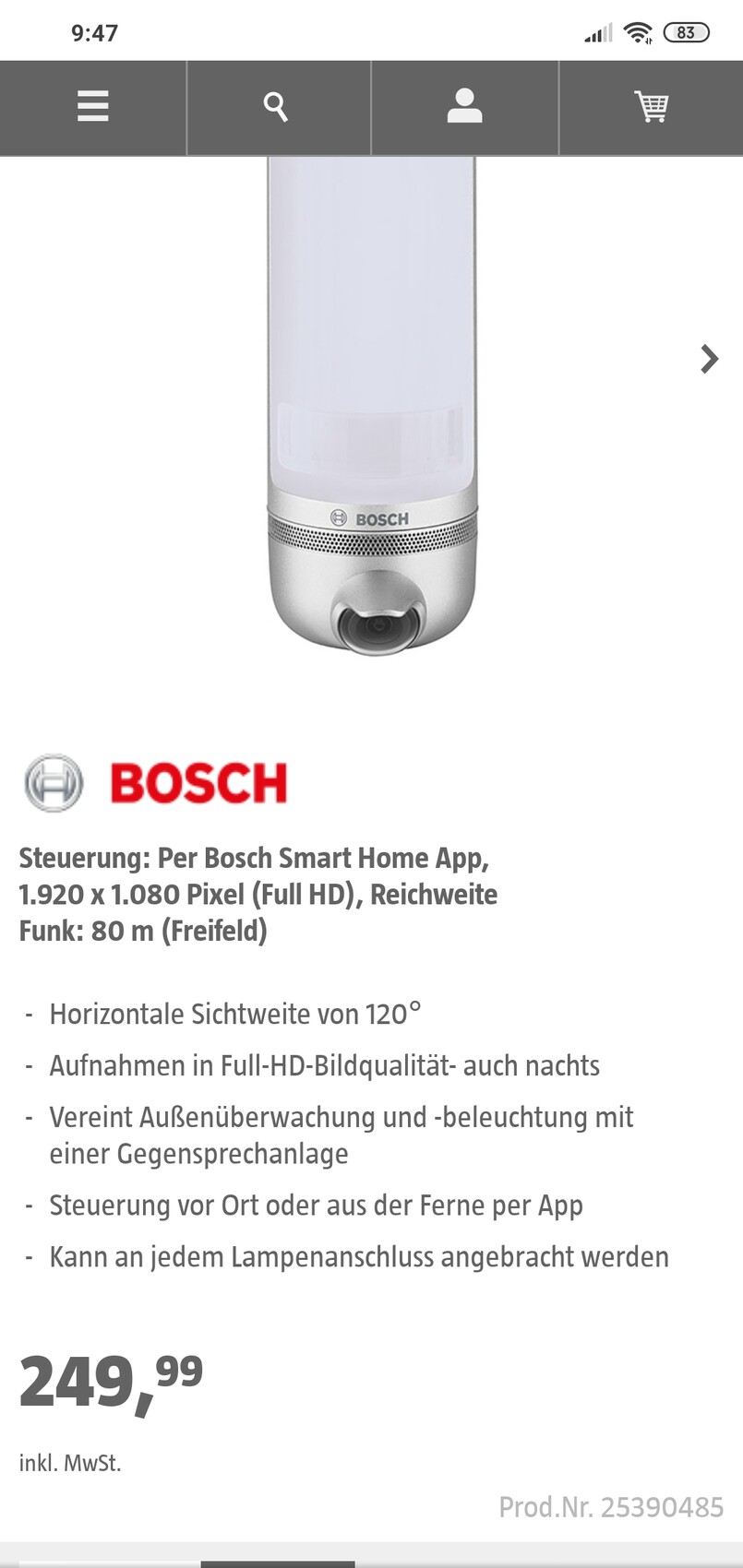 Bosch Außen-Sicherheitskamera mit Licht; Full-HD-Aufnahmen, App-Steuerung.