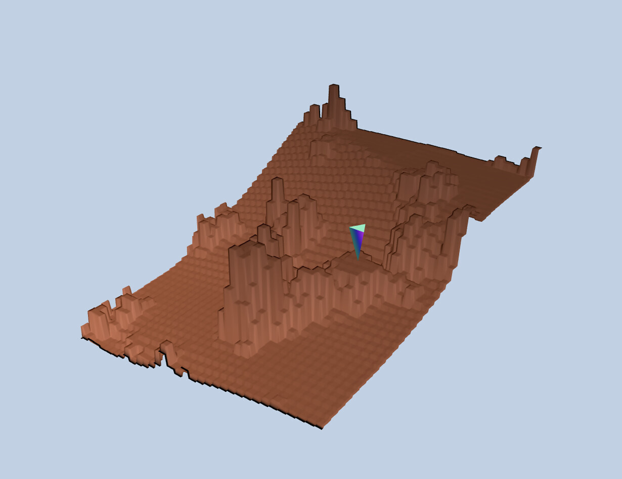 Orangefarbene 3D-Voxel-Landschaft mit hohen Felsnadeln; farbiger Pfeilmarker in der Mitte.