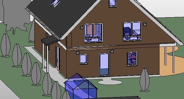 Zweistöckiges braunes Haus mit Satteldach, Garten und blauem Glashäuschen im Vordergrund.