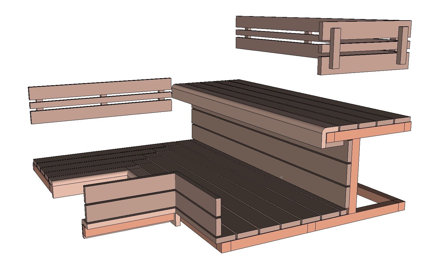 Holzbänke aus Palettenholz: braune Sitzfläche und Rückenlehne, modular aufgebaut.