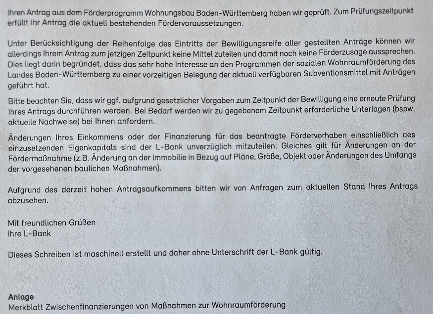 Formeller Brieftext zum Förderprogramm Wohnungsbau Baden-Württemberg.