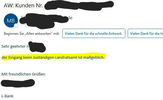 Screenshot einer E-Mail mit gelb markiertem Hinweis: Eingang beim Landratsamt ist maßgeblich.