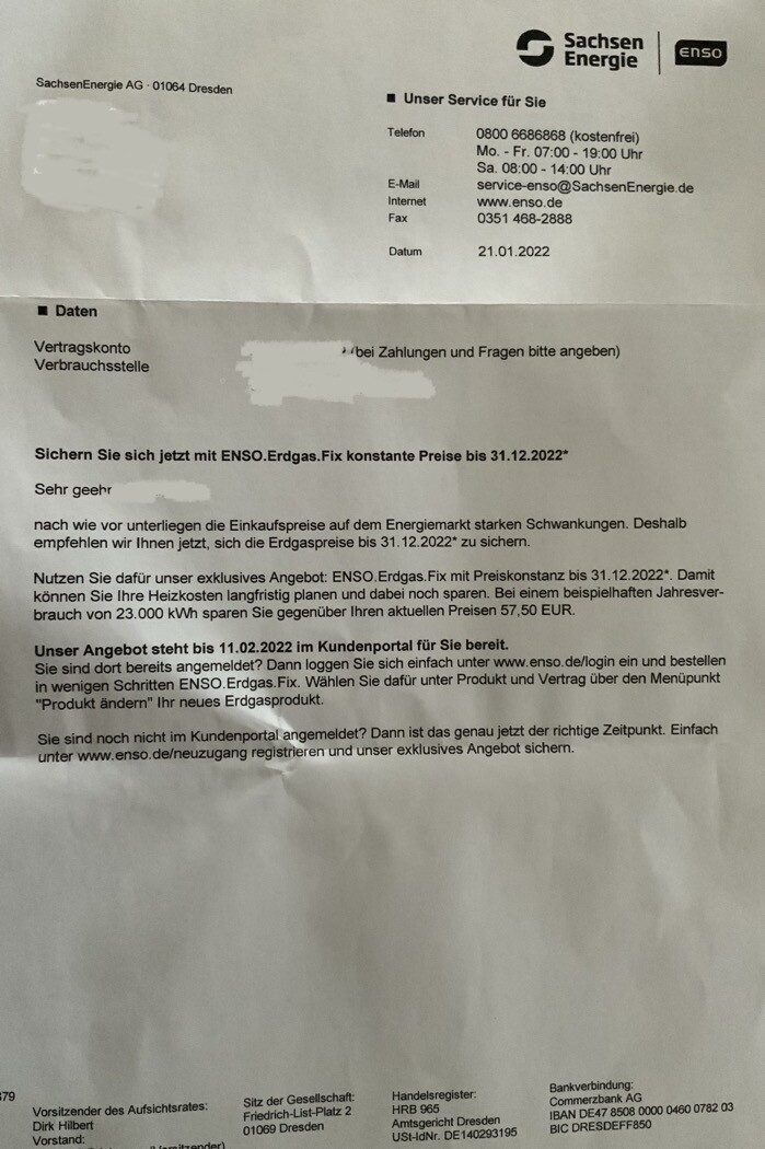 Bürobrief: Gasangebot von ENSO/SachsenEnergie mit Fixpreis bis 31.12.2022