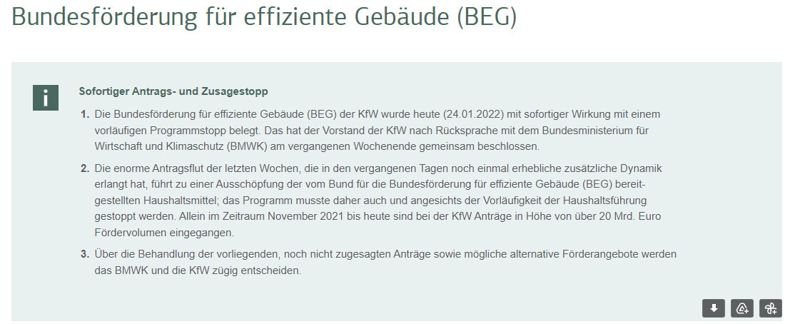 Überschrift Bundesförderung für effiziente Gebäude (BEG); Info-Box mit Antragsstopp und drei Punkten.