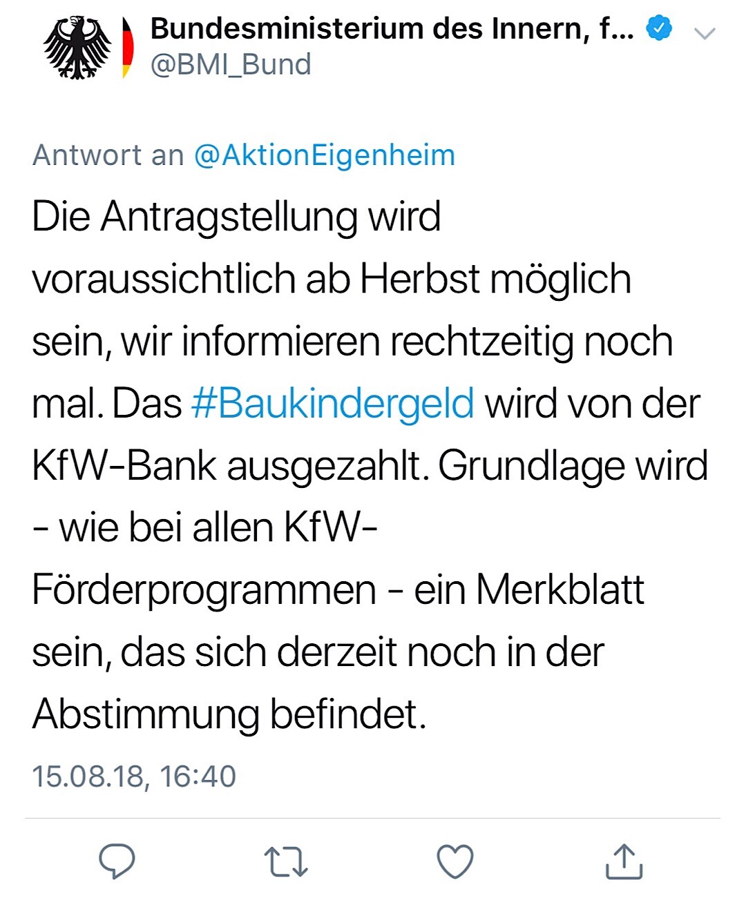 Screenshot eines Tweets des BMI mit Text zur Baukindergeld-Antragstellung