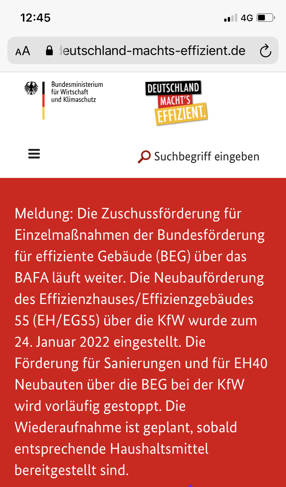 Screenshot einer BMWi-Webseite mit Logo 'Deutschland macht's effizient' und rotem Infotext.