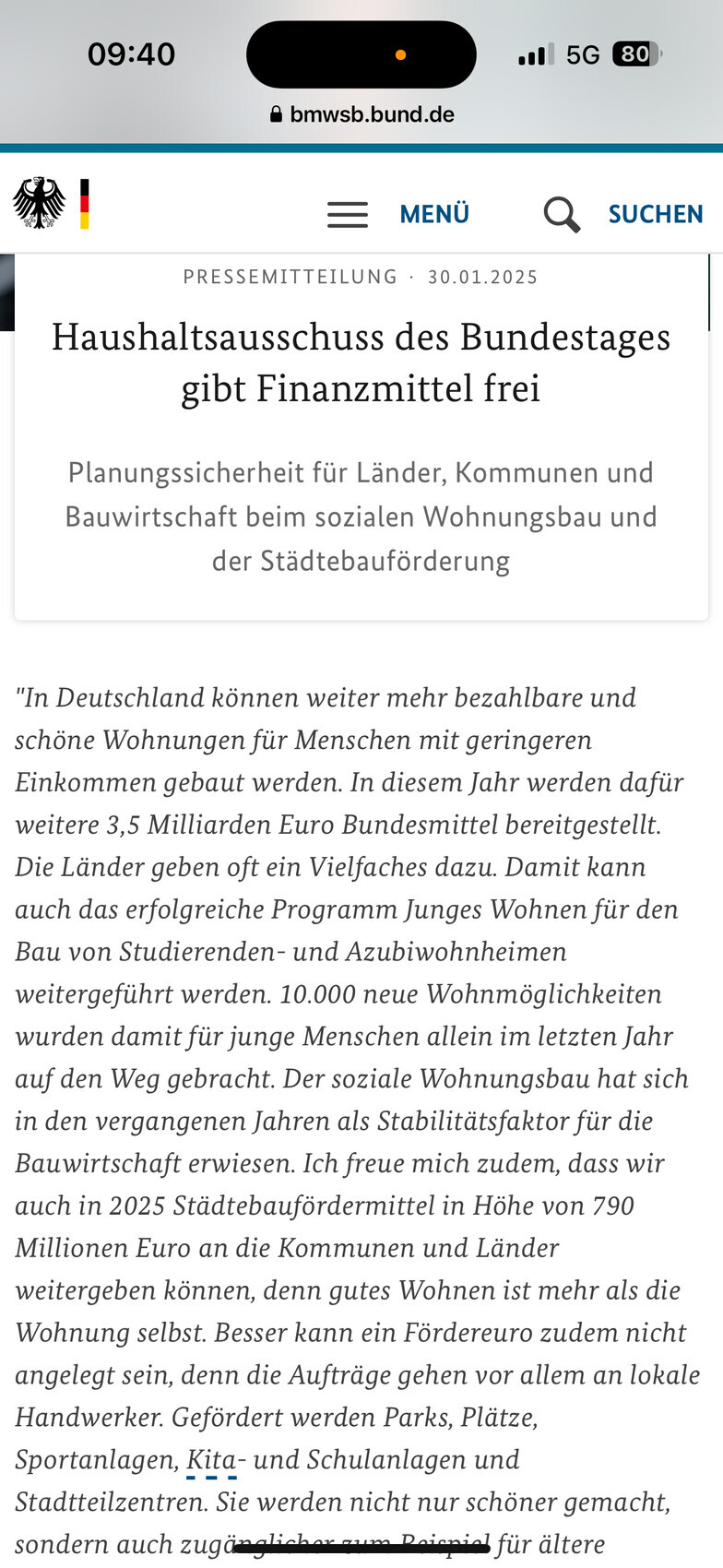 Überschrift: Haushaltsausschuss des Bundestages gibt Finanzmittel frei – Nachrichtenartikel-Screenshot.