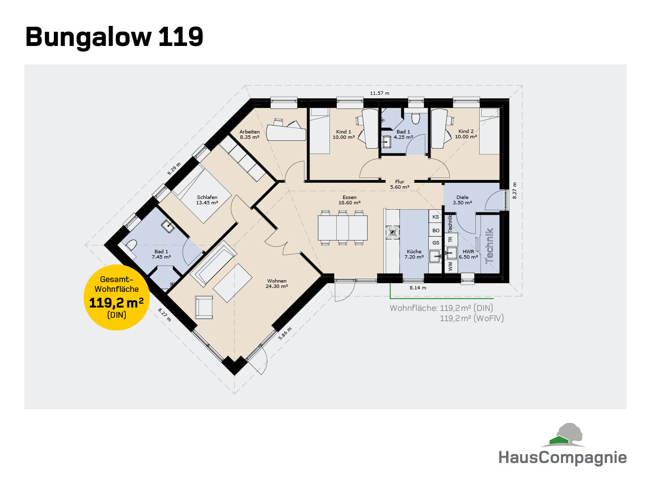 Grundriss Bungalow 119: Wohn- und Essbereich, Küche, Bad, Schlafzimmer, Kinderzimmer, Technik