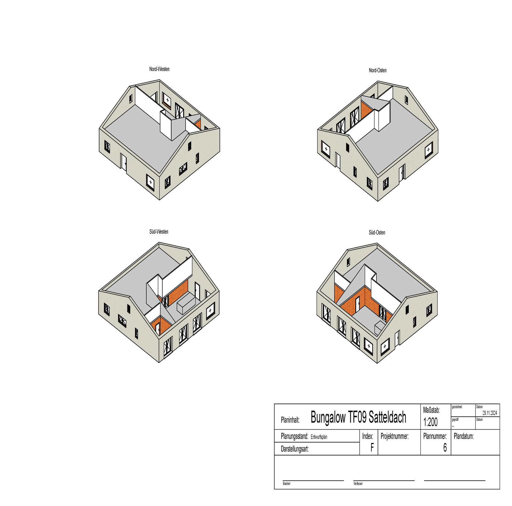 Isometrische Vieransichten eines Bungalows TF09 Satteldach mit Innenwänden.