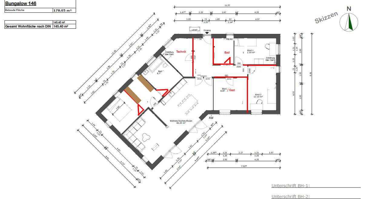 Grundriss eines Bungalows mit Wohn- und Kochbereich, Bad, Technik, Gästezimmer und zwei Kinderzimmer.