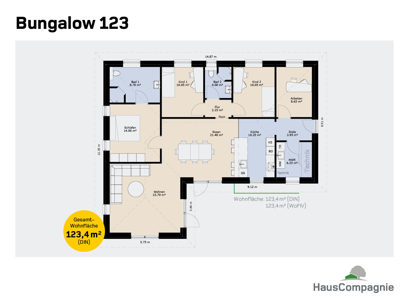 Grundriss Bungalow 123: Wohnen, Essen, Küche, Schlafen, Kind 1, Kind 2, Arbeiten, Flur