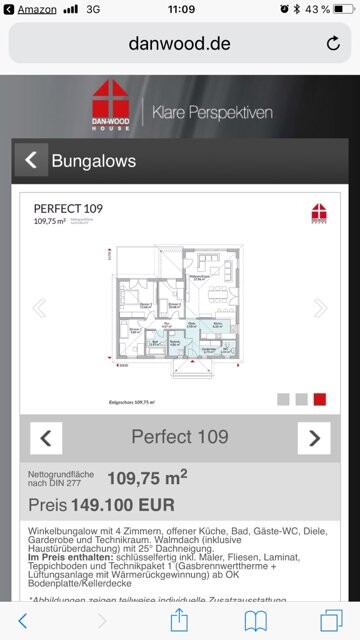 Grundriss eines Bungalows PERFECT 109 mit 109,75 m2 Fläche und Preis 149.100 EUR