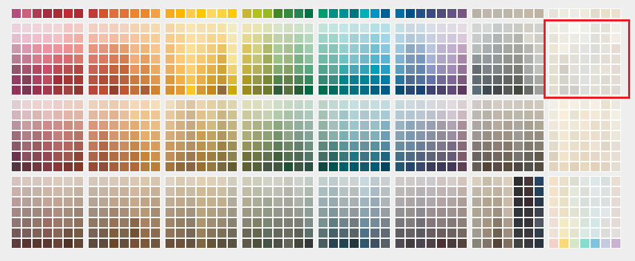 Große Farbpalette aus vielen bunten Quadraten in Reihen; rechts markierter heller Bereich.