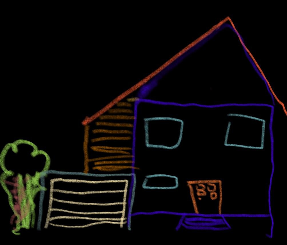 Bunte Zeichnung vor schwarzem Hintergrund: Haus mit orange Dach, blaue Fenster, Baum links, Zaun.