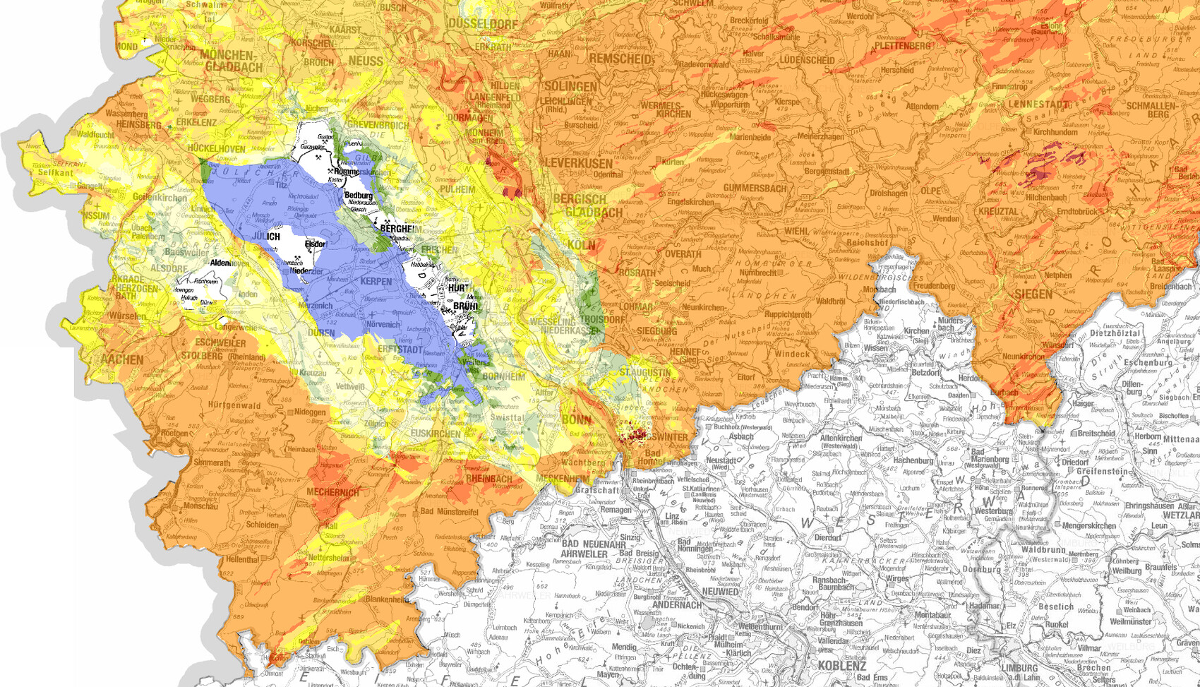 Farbig gekennzeichnete Karte Nordrhein-Westfalen mit Zonenfarben und Städtenamen.