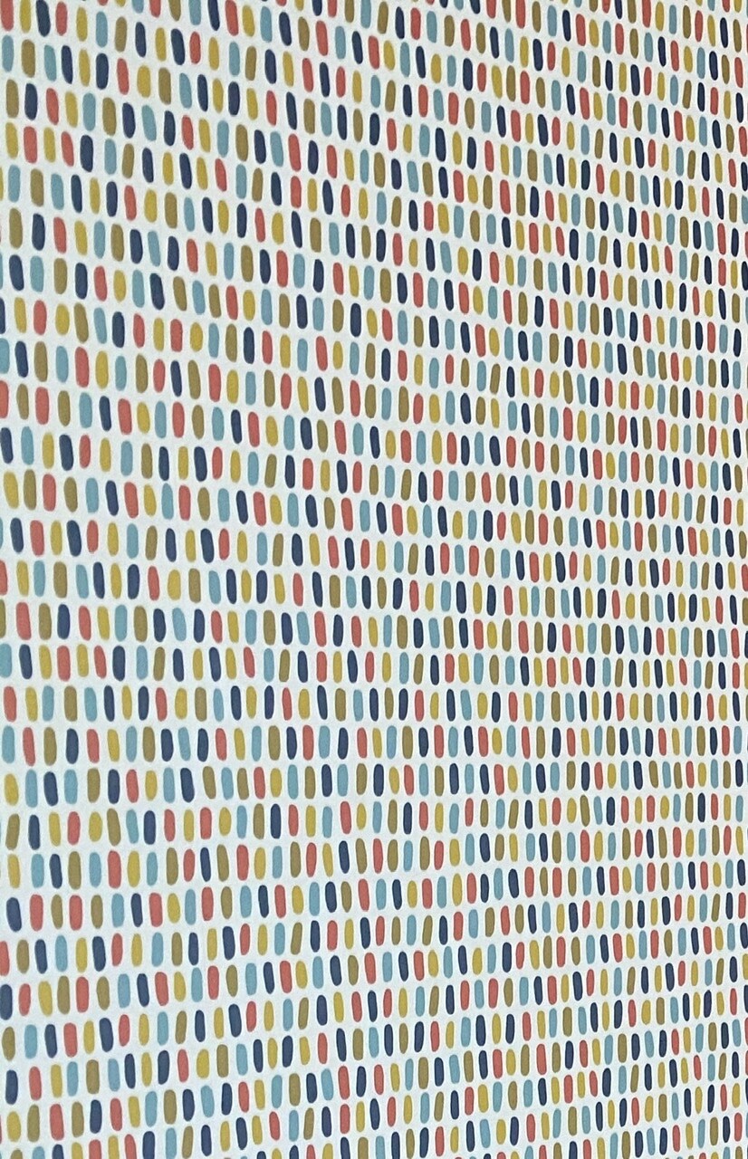 Viele bunte ovale Tupfer in diagonalen Reihen auf weißem Hintergrund (Rot, Blau, Gelb, Grün)