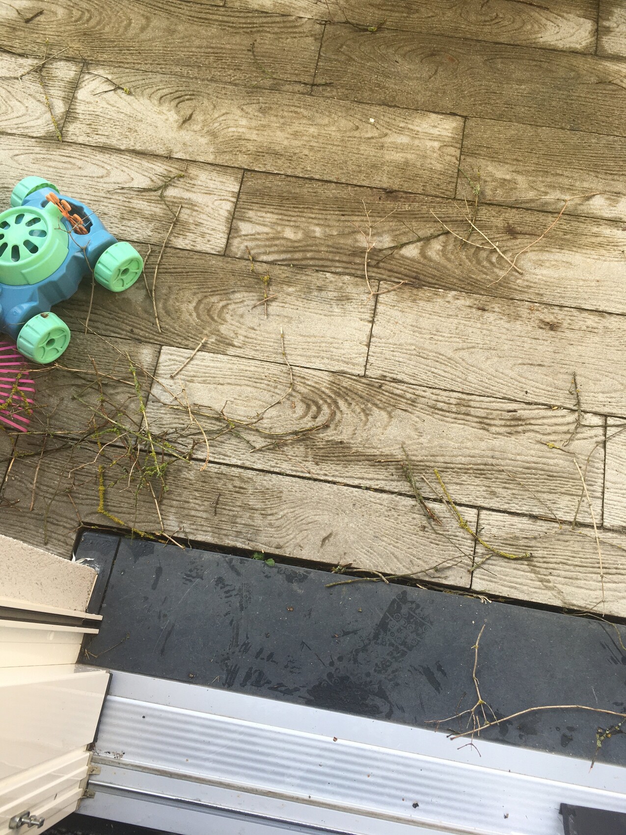 Buntes Spielzeugauto auf Holzdielen, verstreute Zweige, Türschwelle im Vordergrund