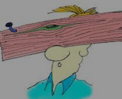 Cartoonzeichnung einer Person mit Holzbalken auf dem Kopf, bunte Skizze.