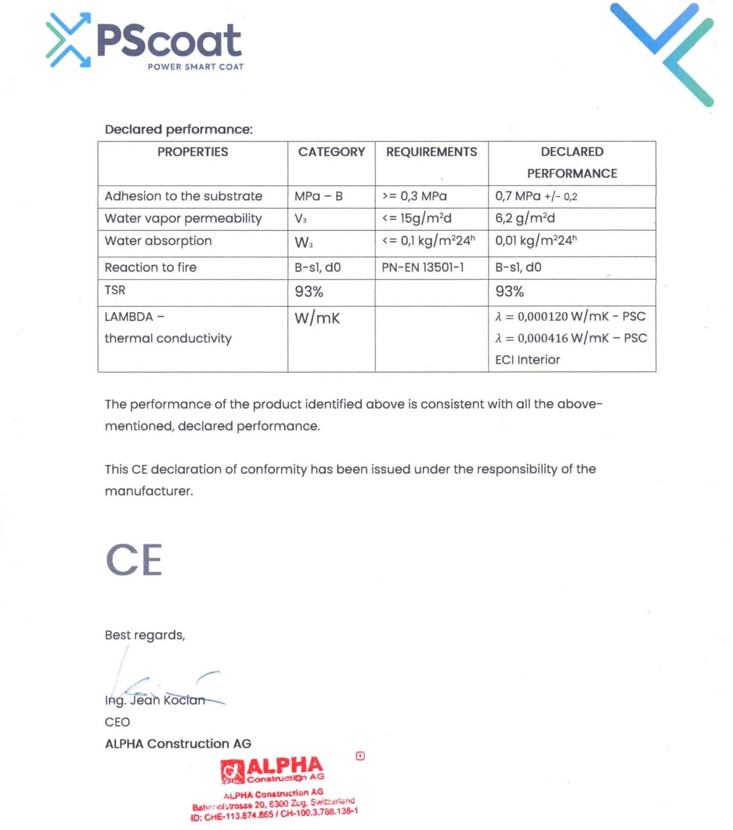 Dokument mit Leistungs-Tabelle eines Produkts, PScoat-Logo oben, CE-Erklärung unten.