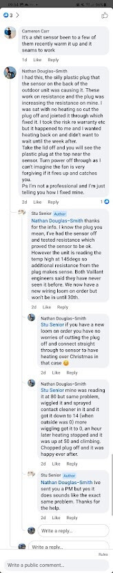 Screenshot eines Smartphone-Chats: Diskussion über einen Sensor und eine Plug-Verbindung im Freien.
