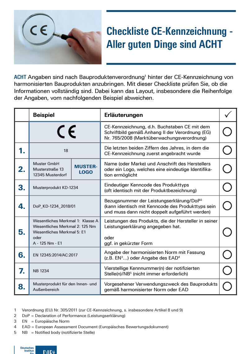 CE-Kennzeichnung Checkliste: Dokument mit CE-Symbol und Tabelle