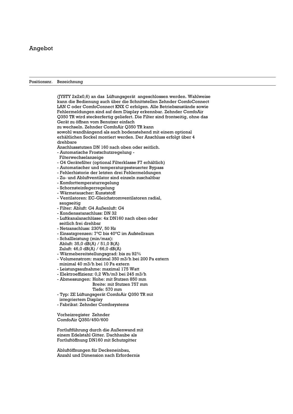 Angebotsseite mit technischer Spezifikation eines Lüftungsgeräts (ComfoAir).