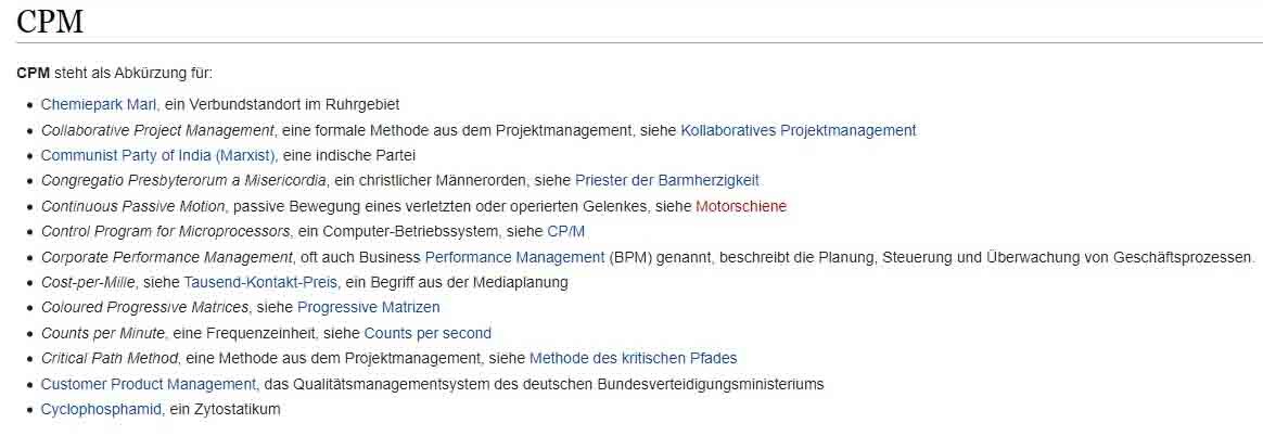 CPM: Bedeutungen des Akronyms, z. B. Chemiepark Marl, Kollaboratives Projektmanagement.