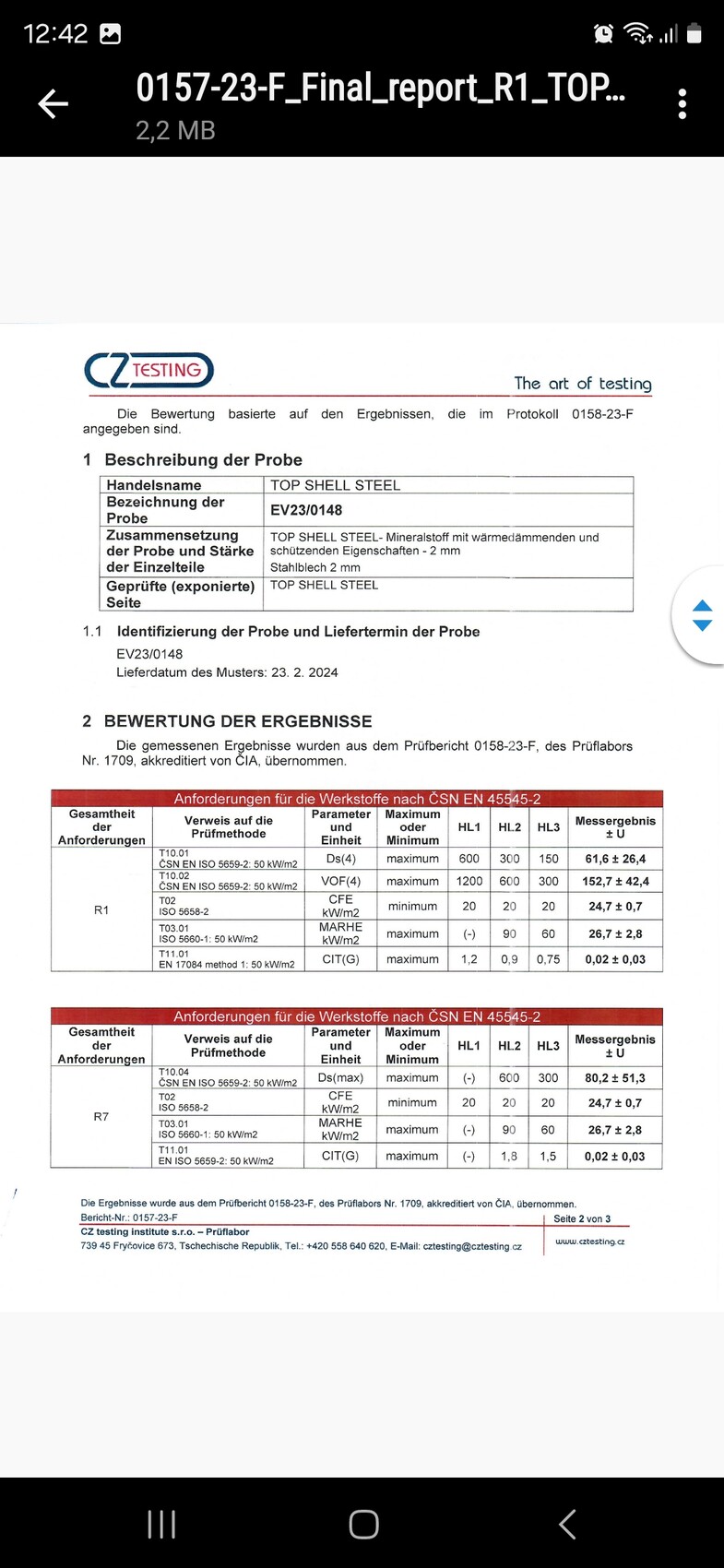 Scan eines Prüfreports mit Tabellen und CZ Testing Logo