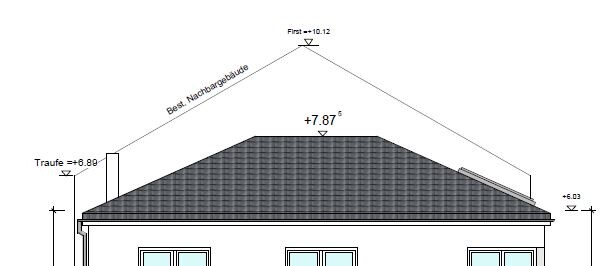 Skizze eines Hausdaches mit Messlinien zu Traufe, Firsthöhe und Nachbargebäude.