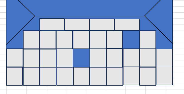 Schematischer Dachplan mit blauer Dachfläche und rechteckigen Dachziegeln