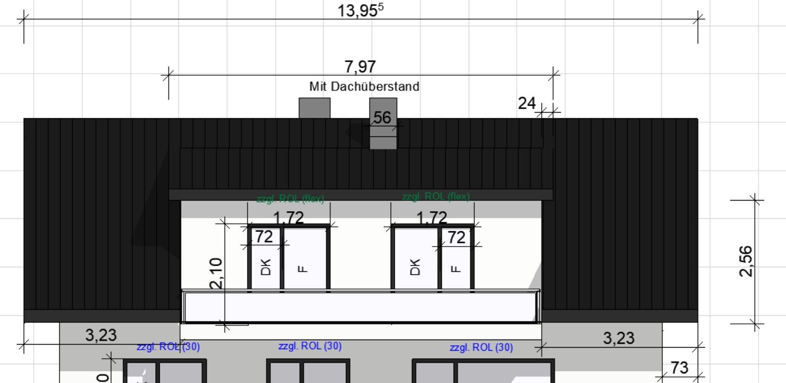 Architektenplan eines Gebäudes: Dach mit Überstand, Fensteröffnungen, Maße.