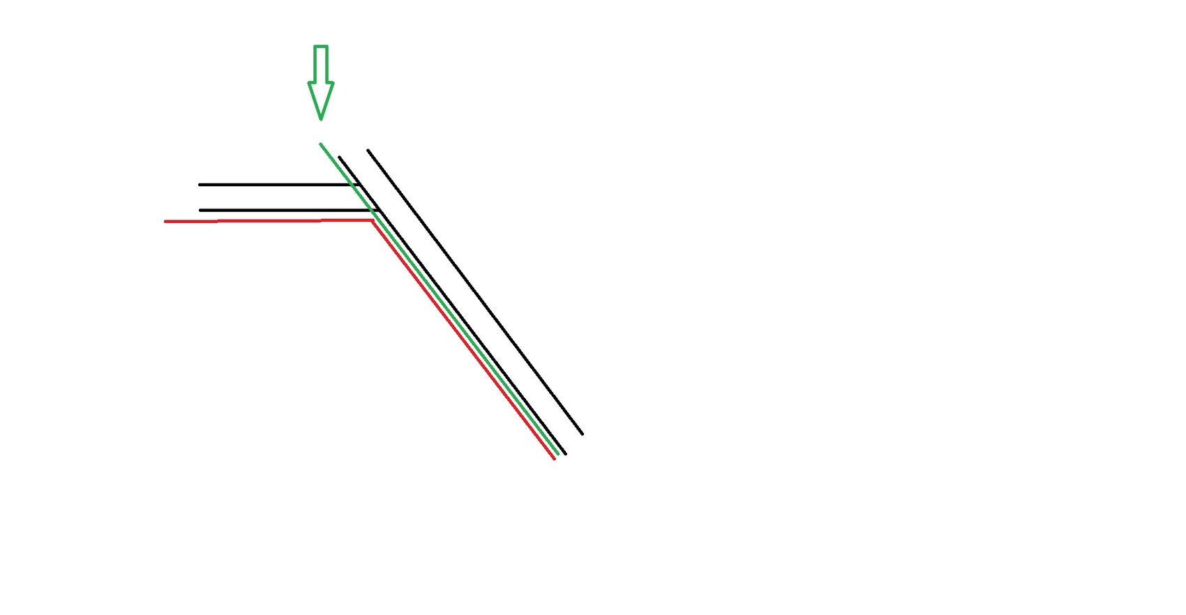 Schematische Dachkonstruktion mit diagonaler Linie und farbigen Linien in Schwarz, Rot und Grün
